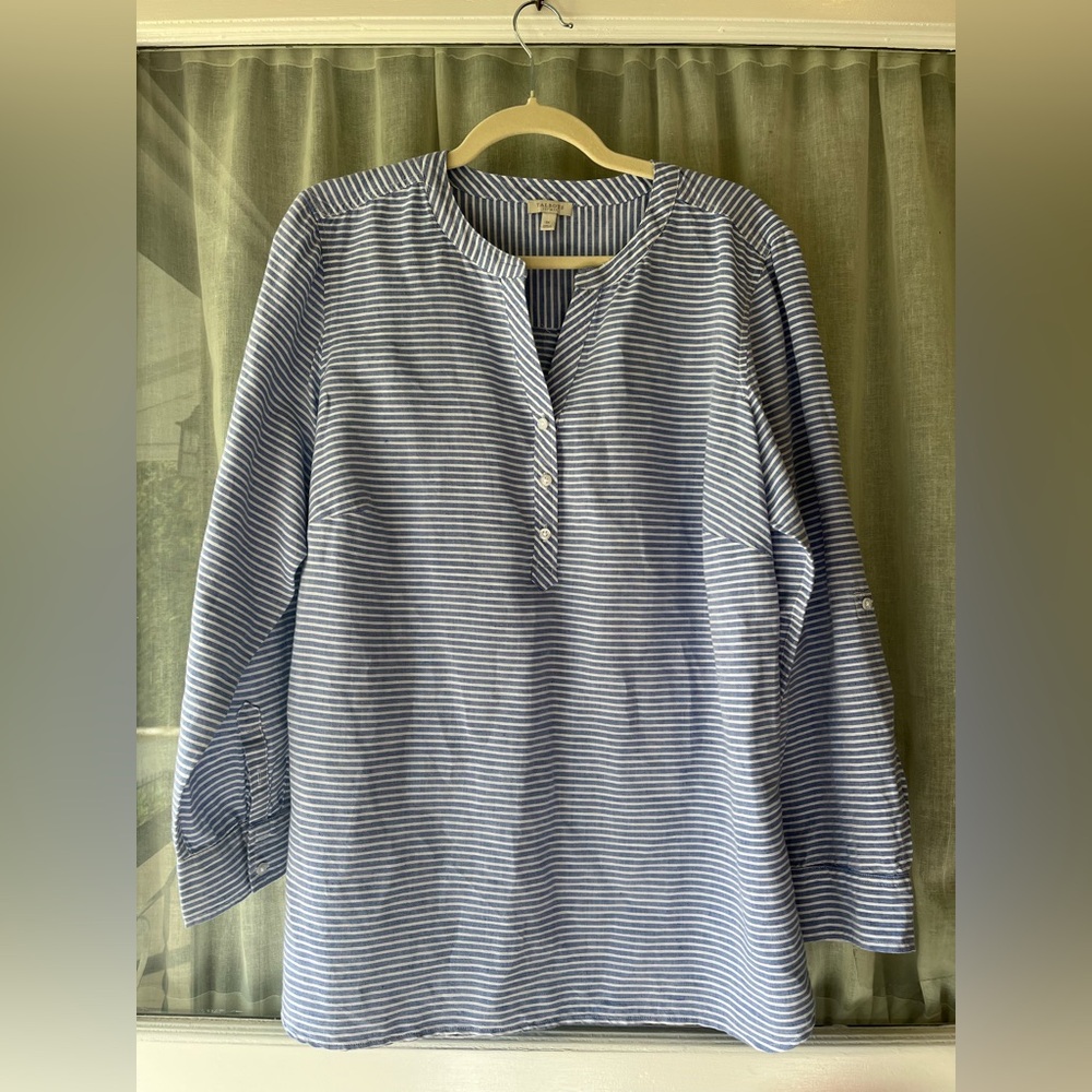 Talbots 1X Linen Blend Striped Blue & White Tab Sleeve Rounded Hem Tunic Top